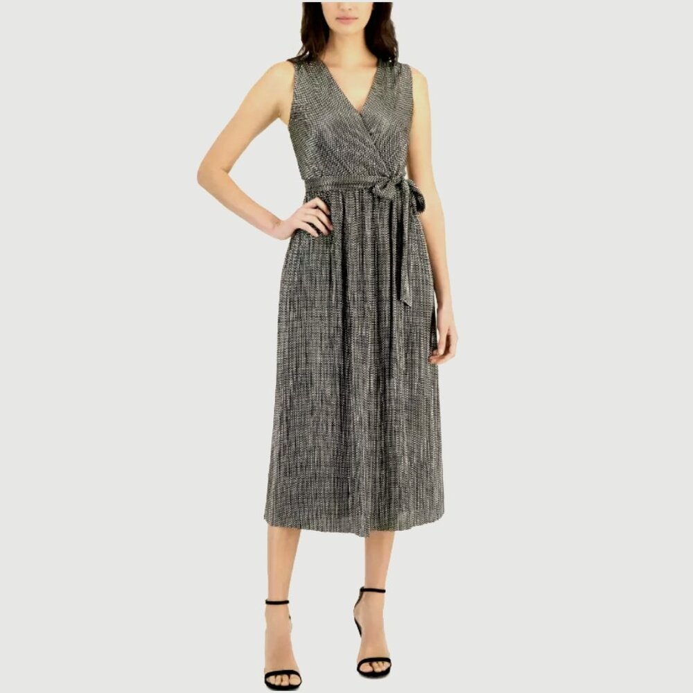 Anne Klein Surplice Midi Dress Black/Gold Size 10 NWT